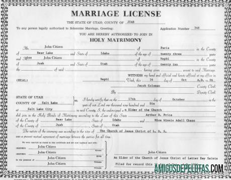 Certificado de casamento do Escritório de Registro de Casamento dos EUA amostra